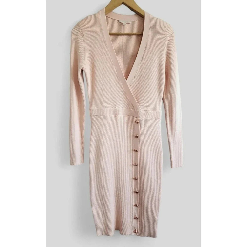 GUESS Dress Women's Medium Pink Knit Body Con Rose Gold Buttons